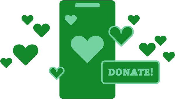 Green icon of phone with hearts coming from it