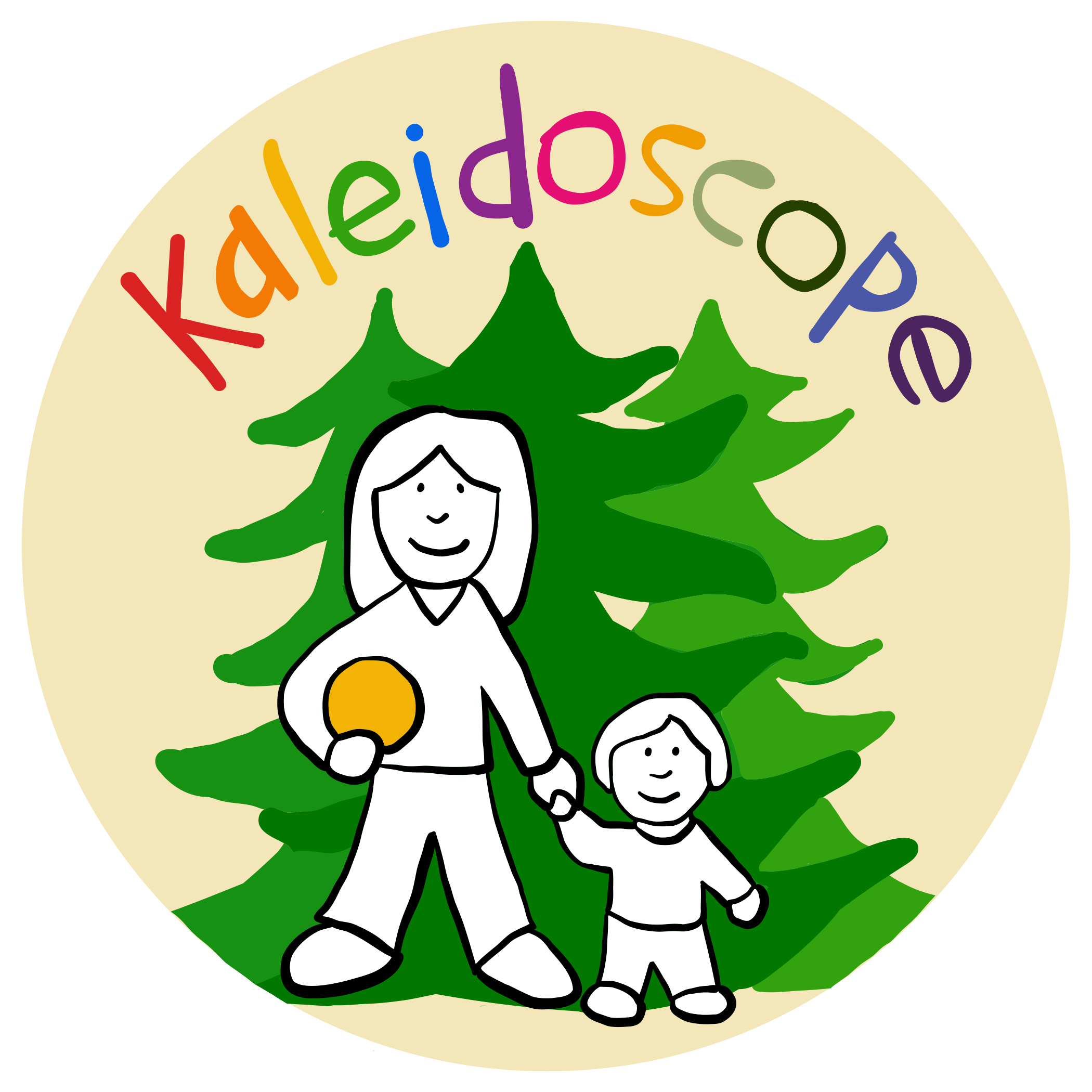 Kaleidoscope logo with illustration of teacher and child with three evergreen trees