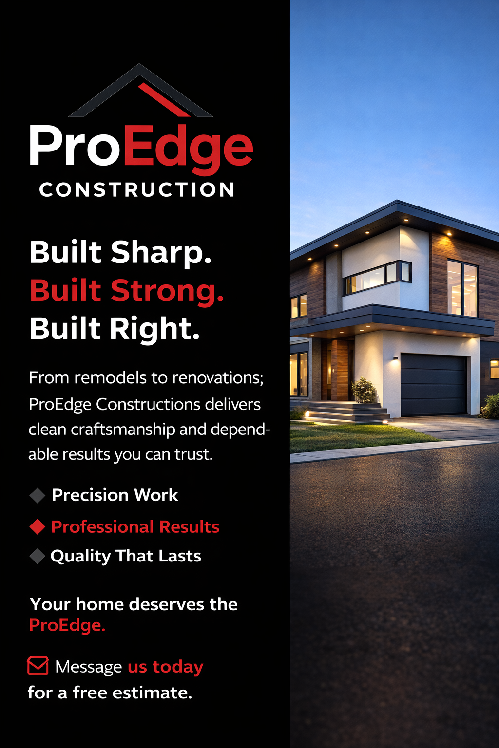Advertising flyer for ProEdge Construction featuring an image of a modern two-story house at dusk, with lit interior and exterior lights, and a black background with white and red text promoting their services.