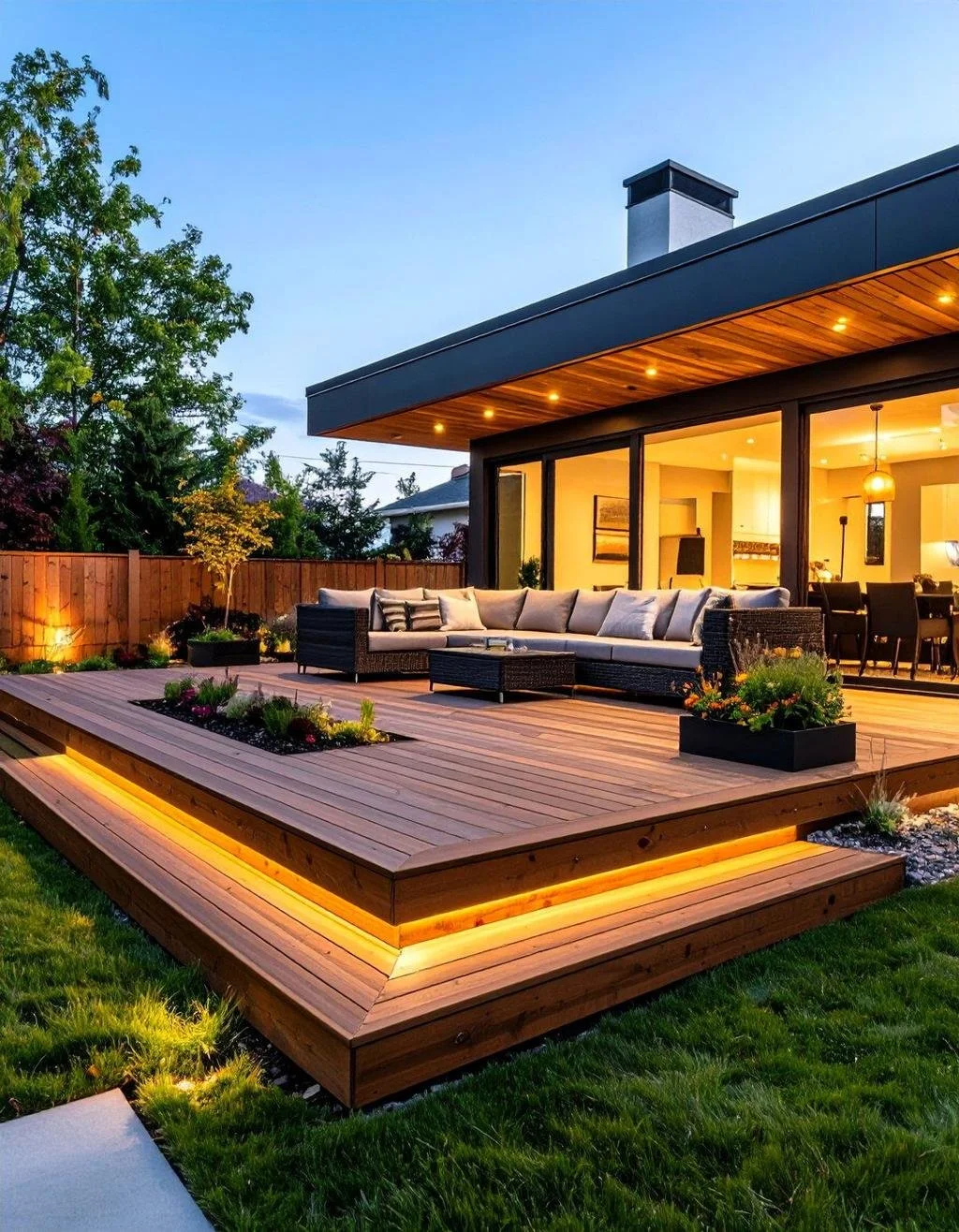 Modern house with large glass sliding doors, outdoor wooden deck with seating area, surrounded by a wooden fence and greenery, illuminated with warm lighting at dusk.