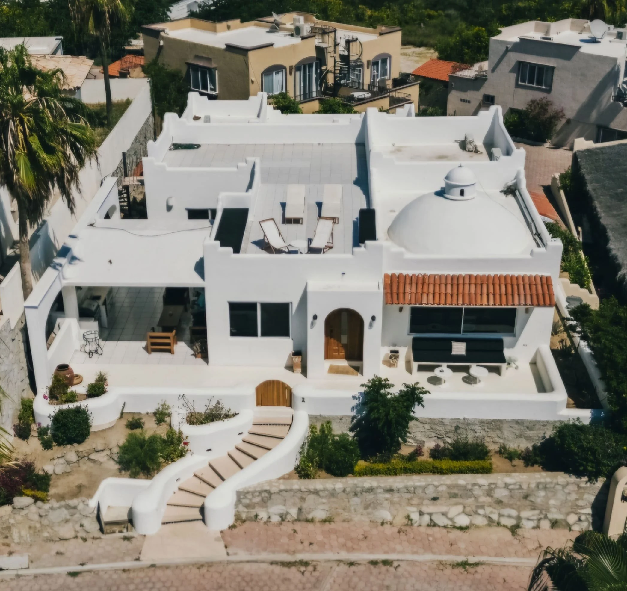 Aerial view of a white Mediterranean-style house with a curved staircase leading to the entrance, rooftop lounge area with chairs, and outdoor seating area with a shaded bench, surrounded by a garden and neighboring houses.