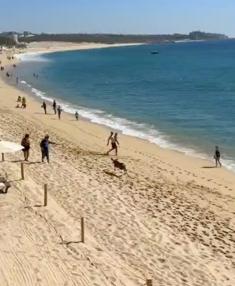 Beach with people walking along the shoreline and sand dunes in the background. The Marlin Hunter fishing charters