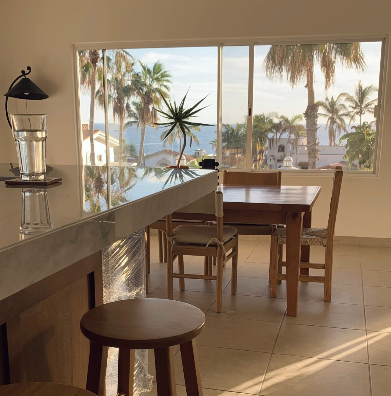 Dining area with wooden table and chairs, large window with view of palm trees, ocean, and cloudy sky, and kitchen counter with glass of water and a small plant.