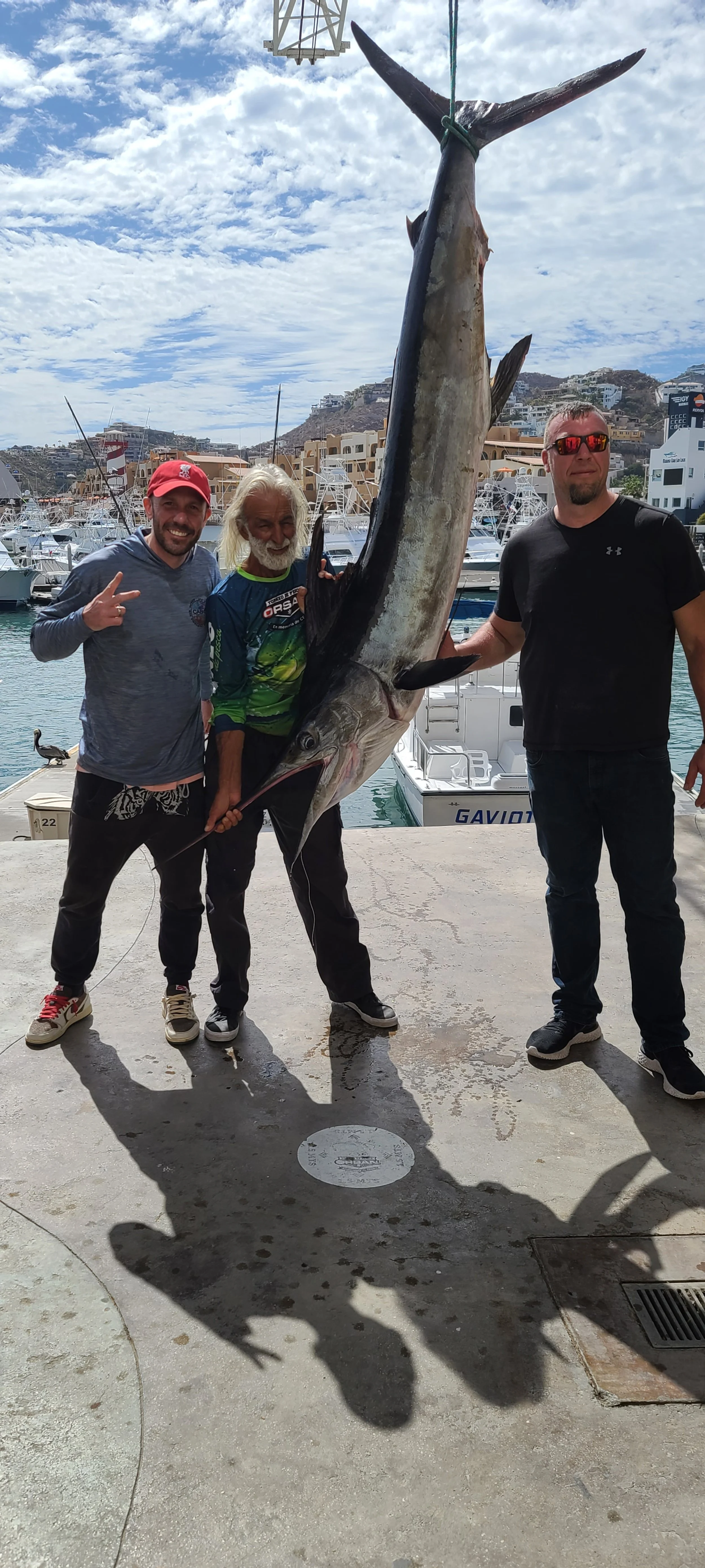 Three men standing on a dock holding a large fish, possibly a marlin. The man in the center is holding the fish's head, and the man on the right is supporting the tail. The man on the left is making a peace sign. The background includes boats, water, and buildings along a hillside under partly cloudy skies.