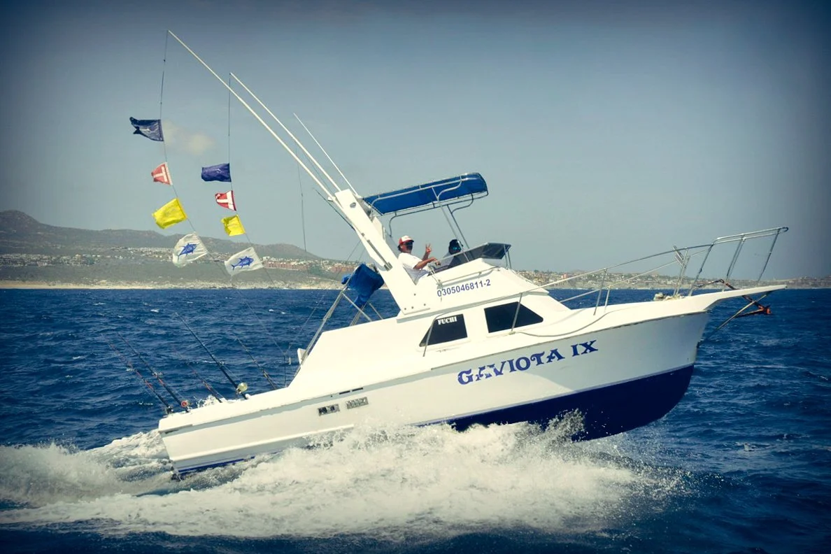 28-foot Gaviota IX sportfishing boat cruising offshore in Cabo San Lucas with fishing flags flying and captain at the helm