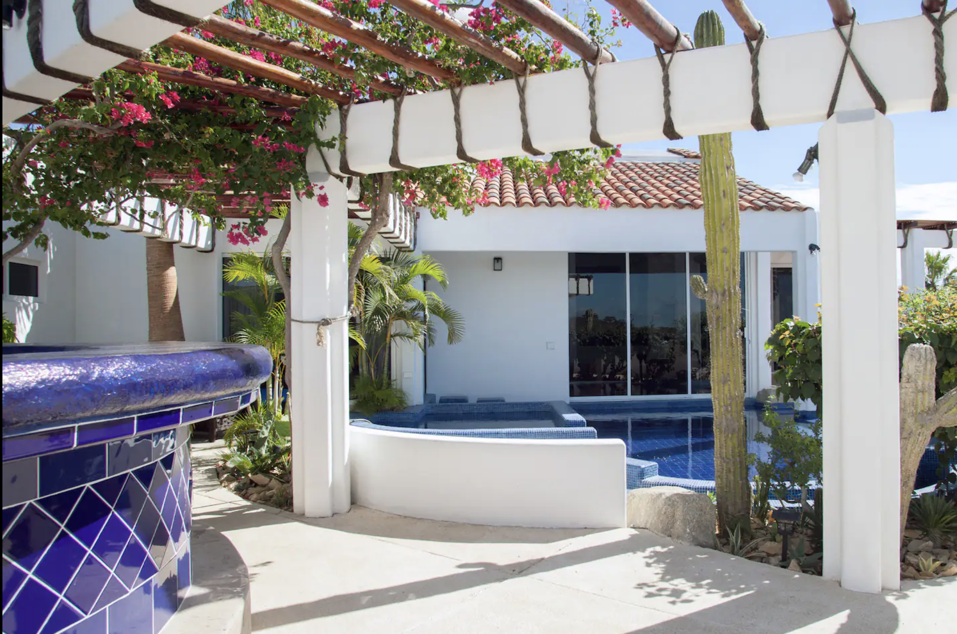 View of a modern house with a swimming pool, surrounded by tropical plants, pink flowering bushes, a cactus, and a shaded area with white columns and a wooden pergola.