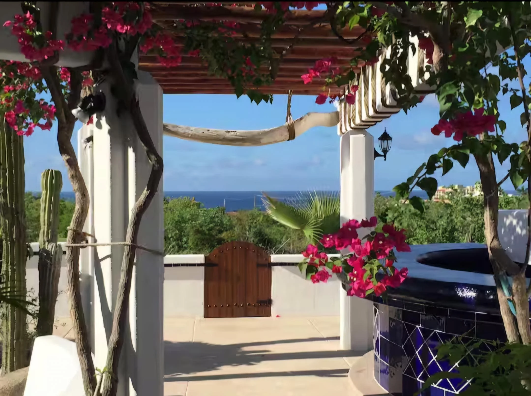 A terrace with pink flowers, green plants, a small wooden gate, and a view of the ocean under a blue sky.