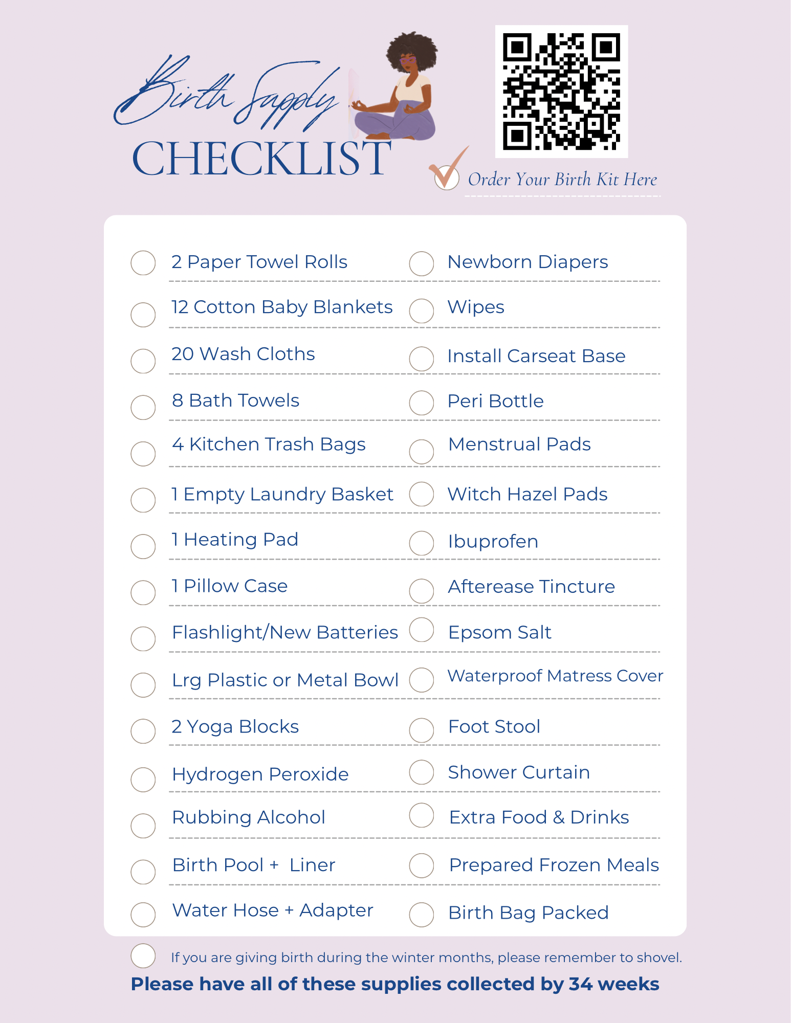 A printable birth supply checklist with a person sitting cross-legged meditating on the top right, a QR code, and a list of items including paper towels, diapers, blankets, wipes, and various baby care and household supplies, on a light purple background.
