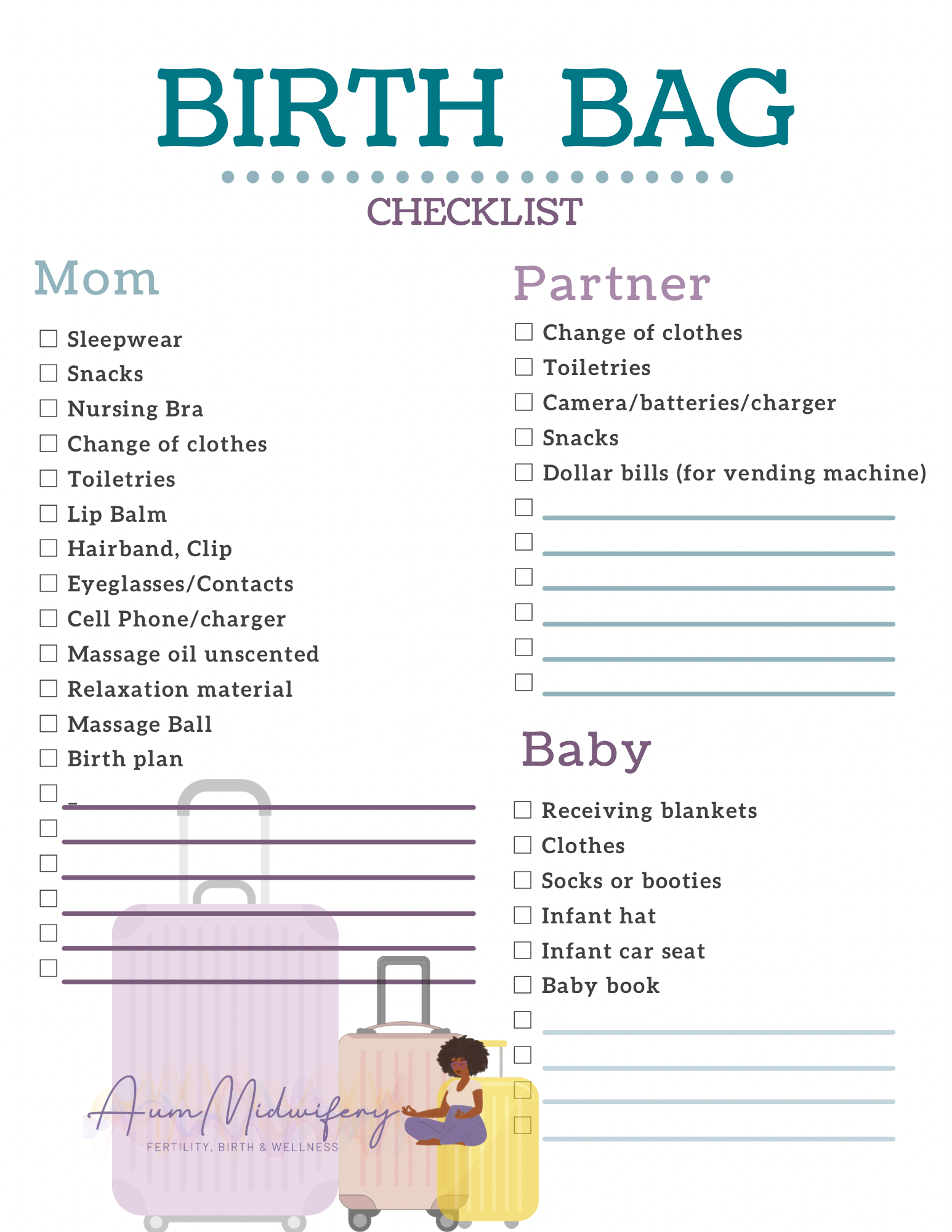 Checklist for a birth bag from Aum Midwifery, divided into sections for Mom, Baby, and Partner, listing essential items for childbirth and postpartum.