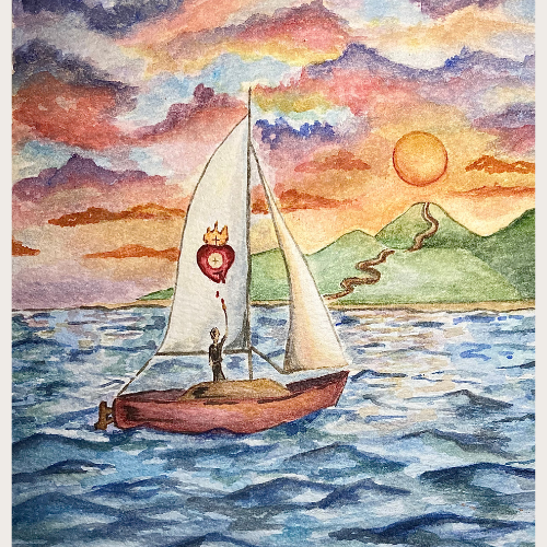 A watercolor painting of a sailboat on the ocean at sunset, with a person standing on the boat holding a flag with a red heart and a small flame. In the background, there are green mountains and a red sun in a colorful sky with clouds.