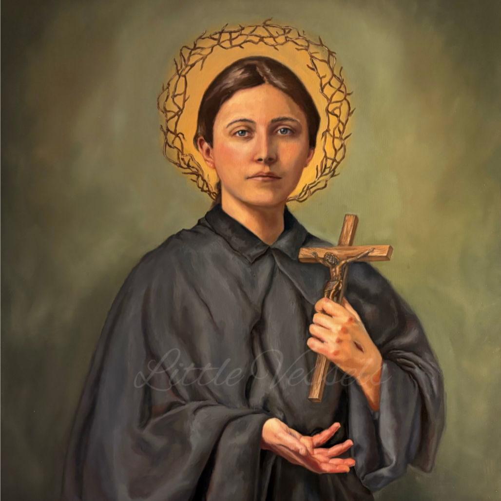 Painting of a woman with short brown hair, holding a wooden crucifix, wearing a dark gray robe, with a golden halo made of intertwined thorns around her head, against a muted green background.