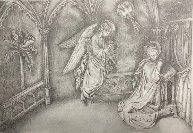 Happy Feast of the Annunciation!

This graphite drawing was done by request of one of my greatest friends.  Commissioned for her family before she entered into the cloister of the Poor Clare&rsquo;s. What a gift it was to reflect upon the similarity 