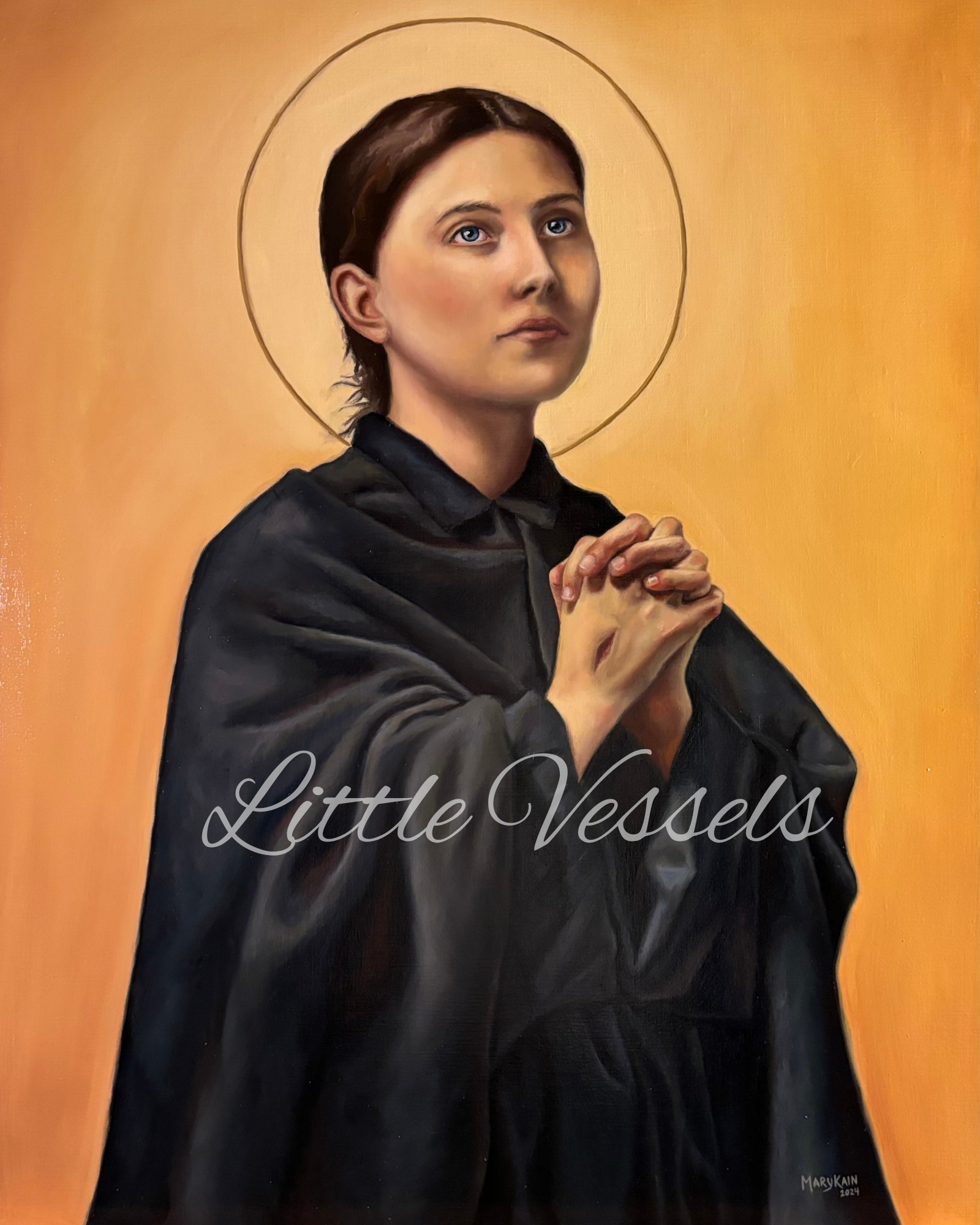 Painting of a woman with short brown hair and blue eyes, wearing a black robe, with hands clasped in prayer and a halo behind her head. Text on the image reads "Little Vessels".