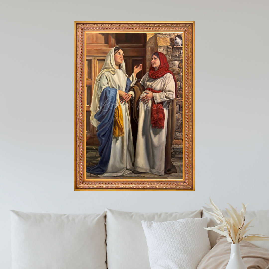 A painting of two women dressed in historical clothing, standing and engaging in conversation outside a stone building with a dove perched on the wall.