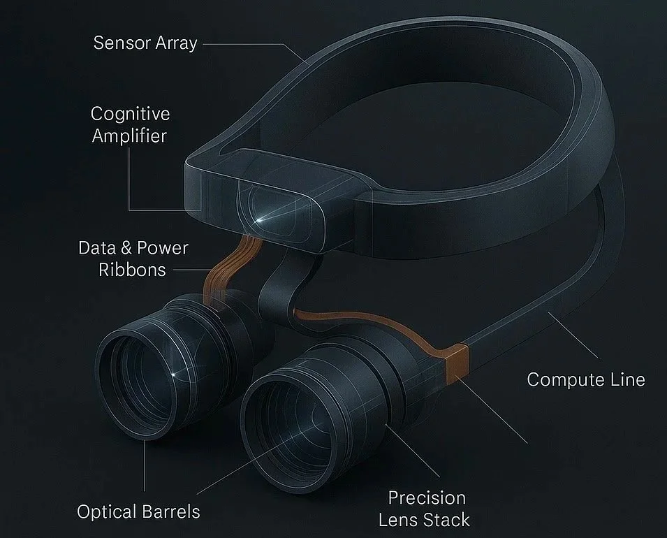 Diagram of a pair of binoculars with labeled parts: sensor array, cognitive amplifier, data and power ribbons, optical barrels, precision lens stack, compute line.