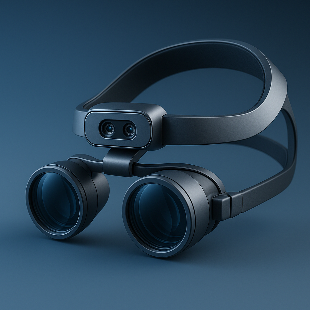 Headset with dual front-facing cameras and adjustable head strap, set against a dark background. An Intelligent surgical headset integrating optical waveguides, near-infrared imaging, and cognitive amplification for precision surgery