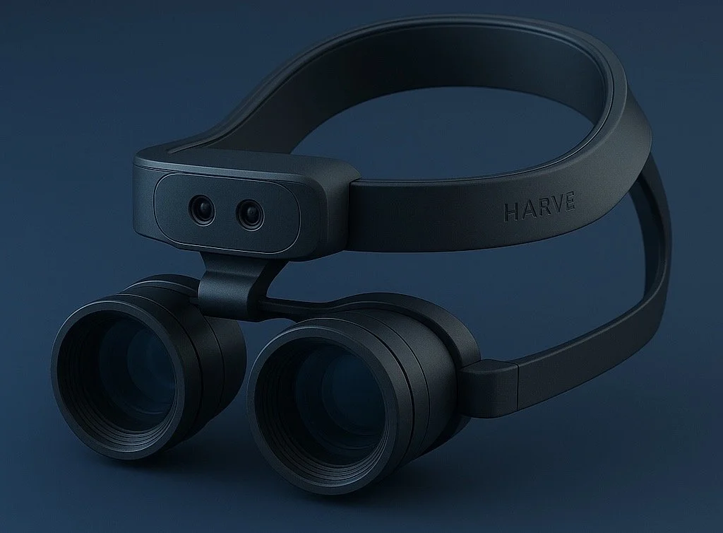 A pair of black virtual reality or augmented reality glasses with dual lenses and a head strap.
