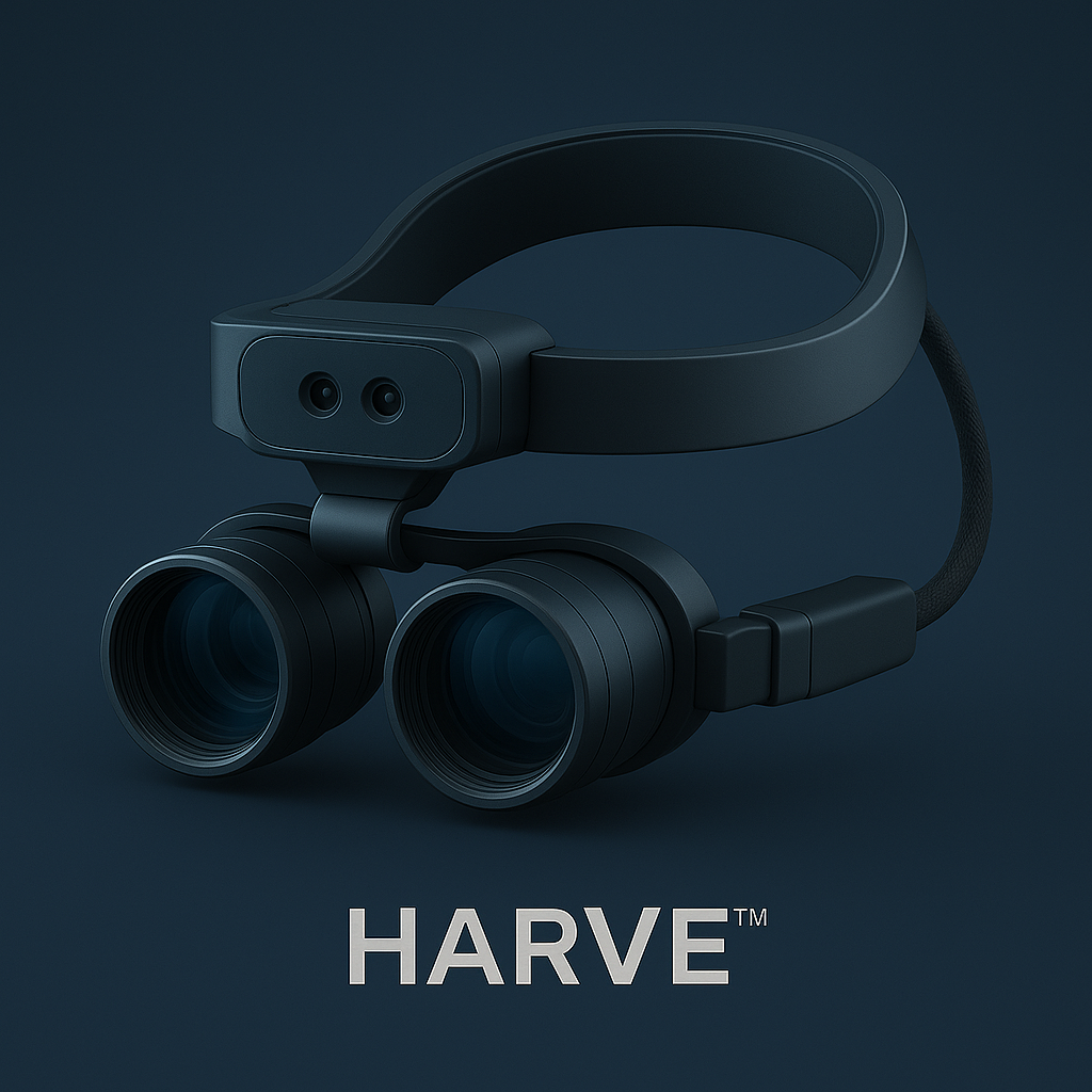 A vision enhancement headset with binocular-style cameras and a head strap, set against a dark background with the text 'HARVE' below.