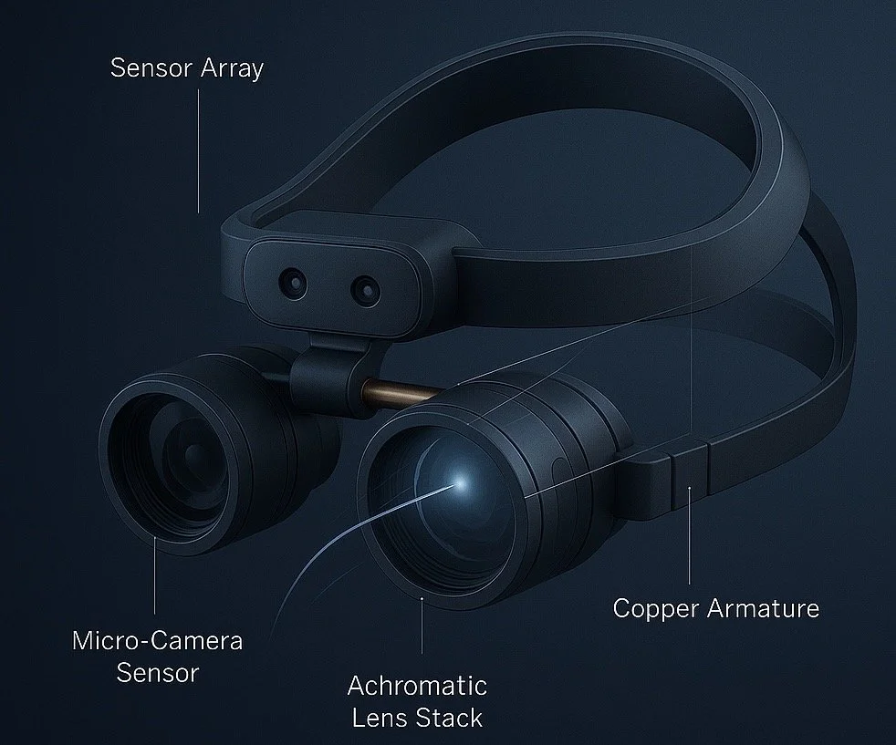 A high-tech head-mounted device featuring a micro-camera sensor, achromatic lens stack, copper armature, and sensor array, designed for advanced visual or sensing applications.
