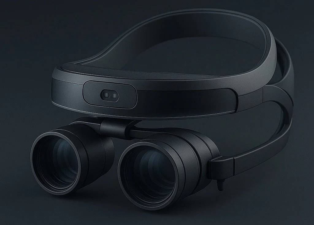 Virtual reality headset with binocular-style lenses.