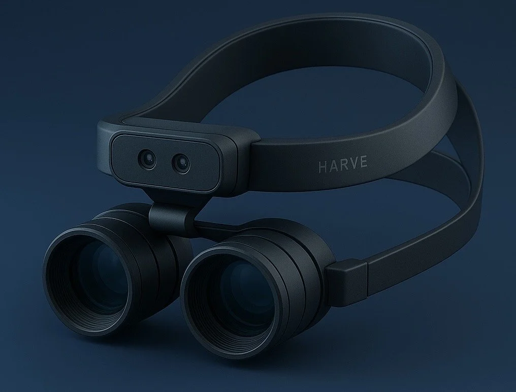 Black virtual reality headset with binocular-style lenses and a head strap, branded with 'HARVE' on the side, set against a dark background.