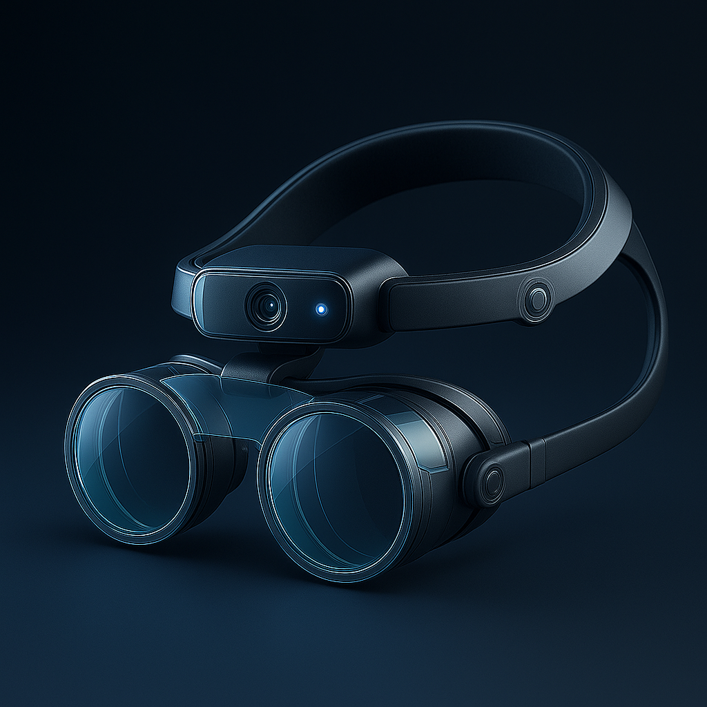 A futuristic vision enhancement headset with built-in cameras, set against a dark background. An AI-powered surgical vision system that enhances perception and cognition for surgeons through adaptive visualization and real-time reasoning.