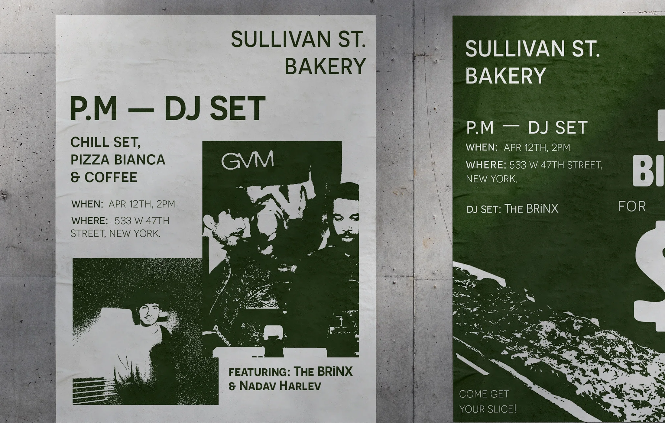 Flyer for DJ set event at Sullivan Street Bakery featuring Chill Set, Pizza Bianca, and Coffee, on April 12th at 2 PM, located at 533 W 47th Street, New York. The flyer includes images of DJ The BrINX and Nadav Harlev, with a dark green background an
