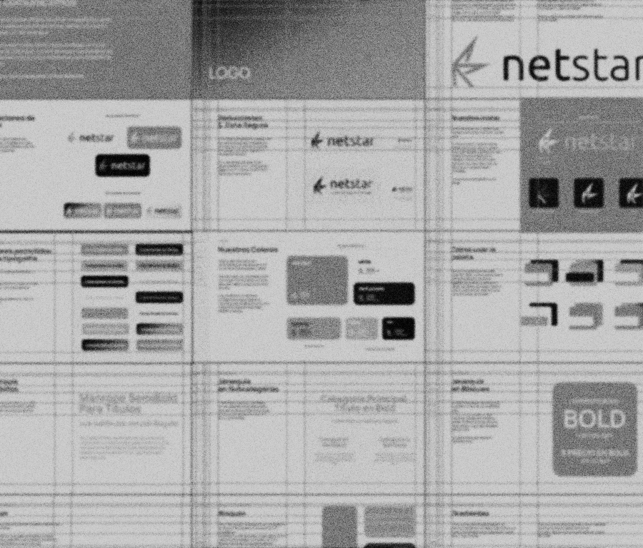 A collage of printed documents and logos related to Netstar, including a large Netstar logo and various sample pages, on a grid.