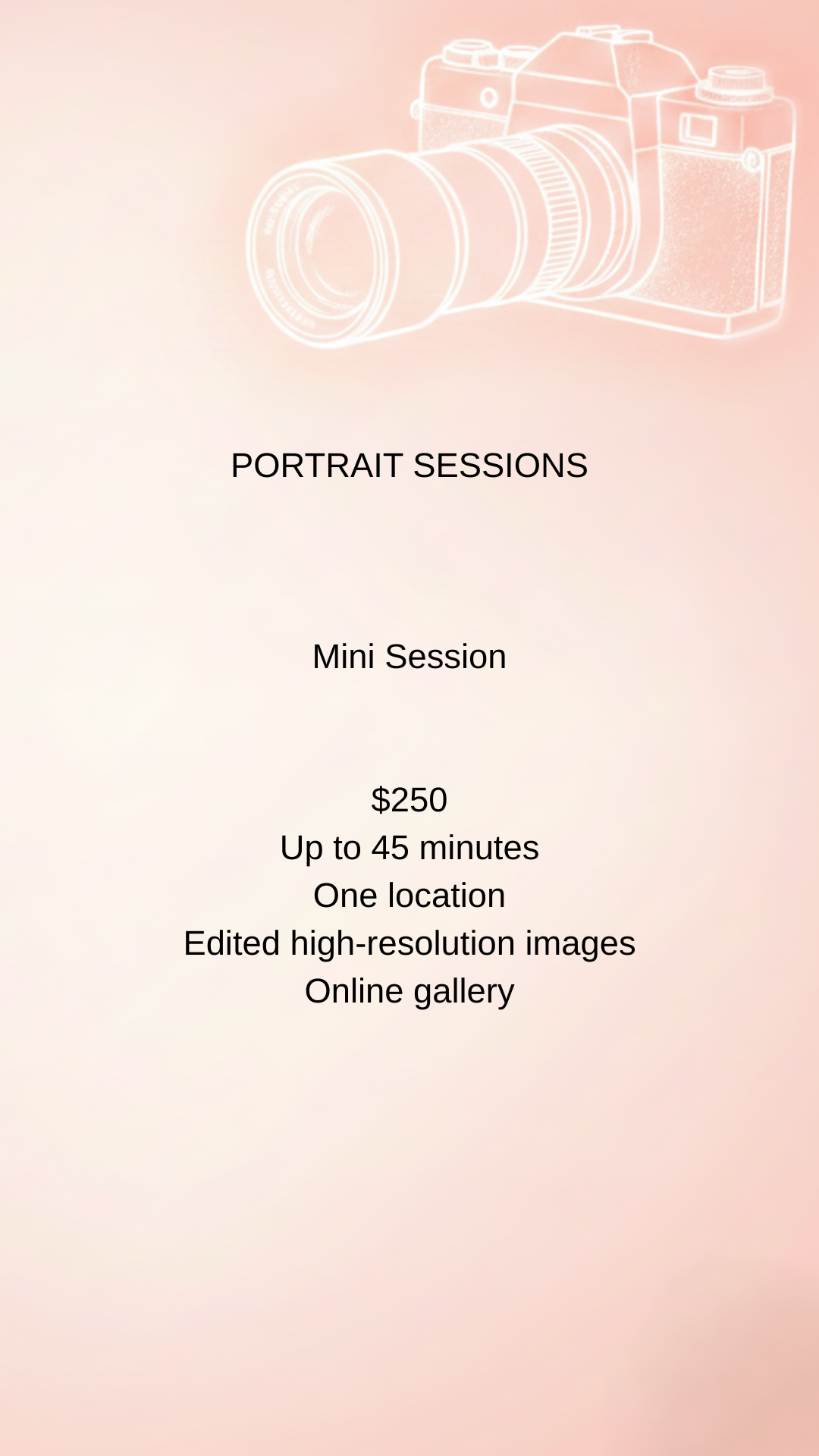Promotional flyer for portrait photography sessions with a stylized camera illustration in pastel pink and white background.