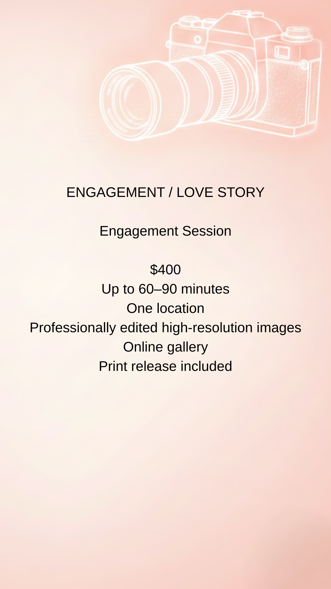 Promotional flyer for engagement and love story photography session featuring a pink background with a white camera outline at the top, listing price, duration, location, image editing, online gallery, and print release.