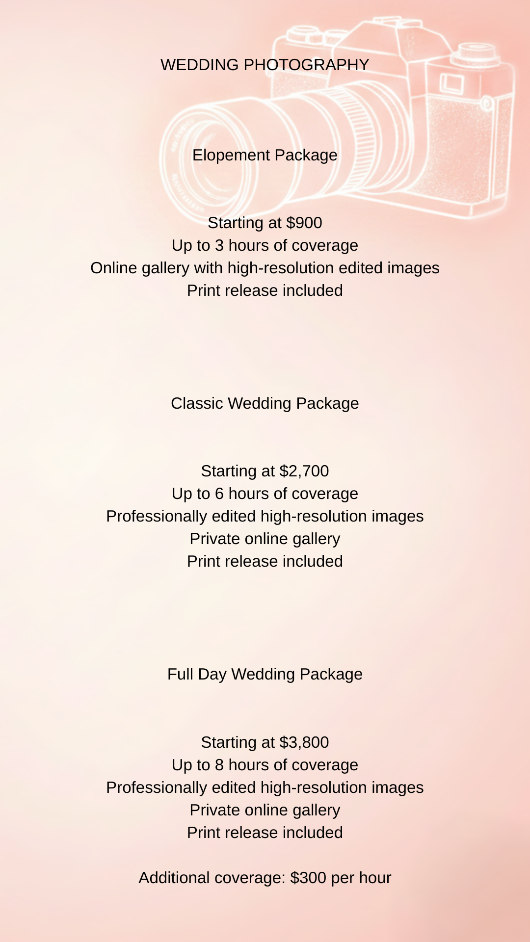 Wedding photography packages with prices, coverage hours, and features, over a pink background with a white outline of a camera.