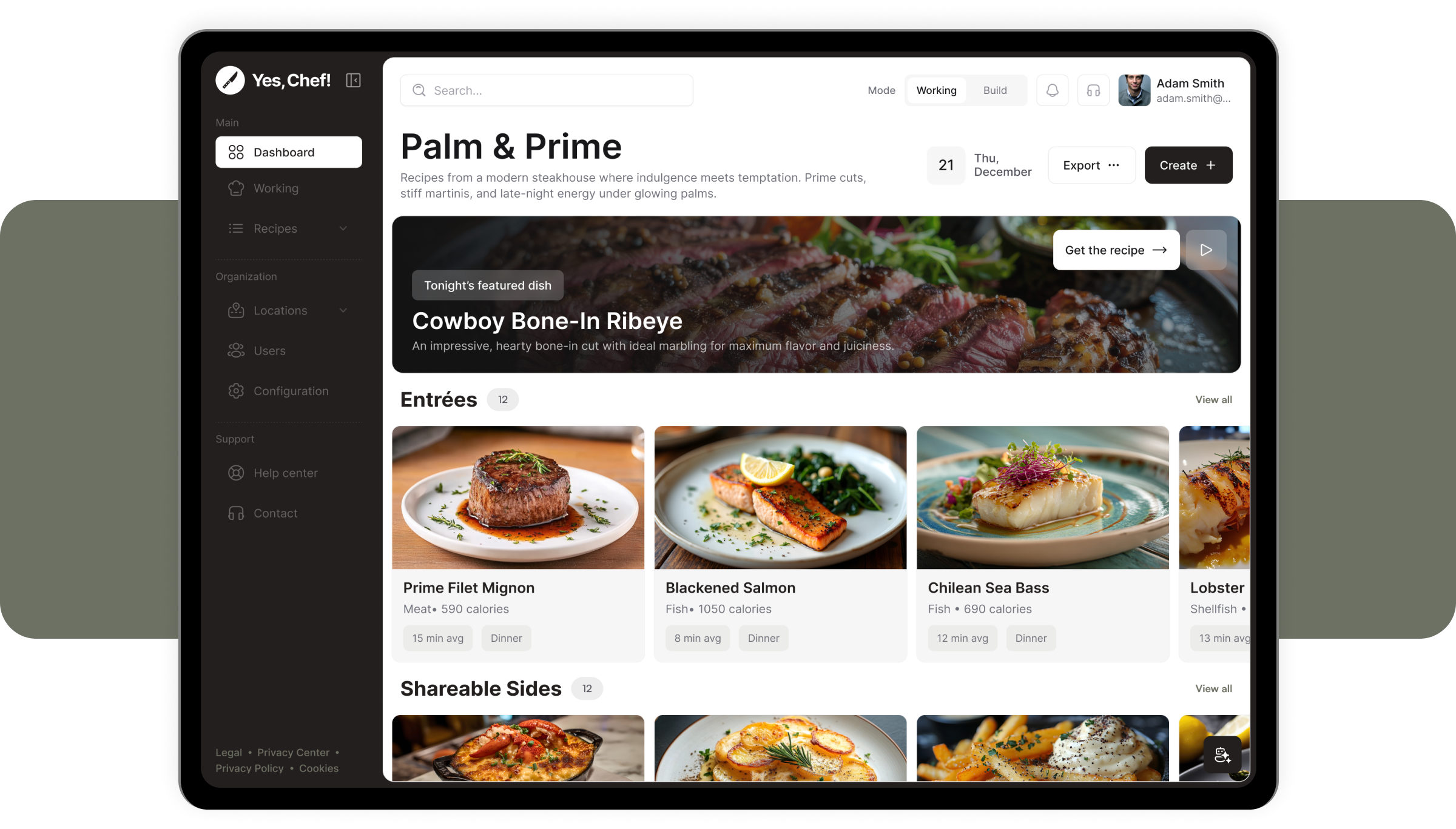 A computer tablet screen displaying a restaurant menu website called 'Yes, Chef!' with the section title 'Palm & Prime'. The page features a large image of a grilled steak with herbs and sauce labeled 'Cowboy Bone-In Ribeye' and a description. Below are images of various entrees including Prime Filet Mignon, Blackened Salmon, Chilean Sea Bass, and Lobster, along with their details. The navigation menu is on the left side, showing options such as Dashboard, Recipes, Locations, Users, Configuration, Help Center, and Contact.