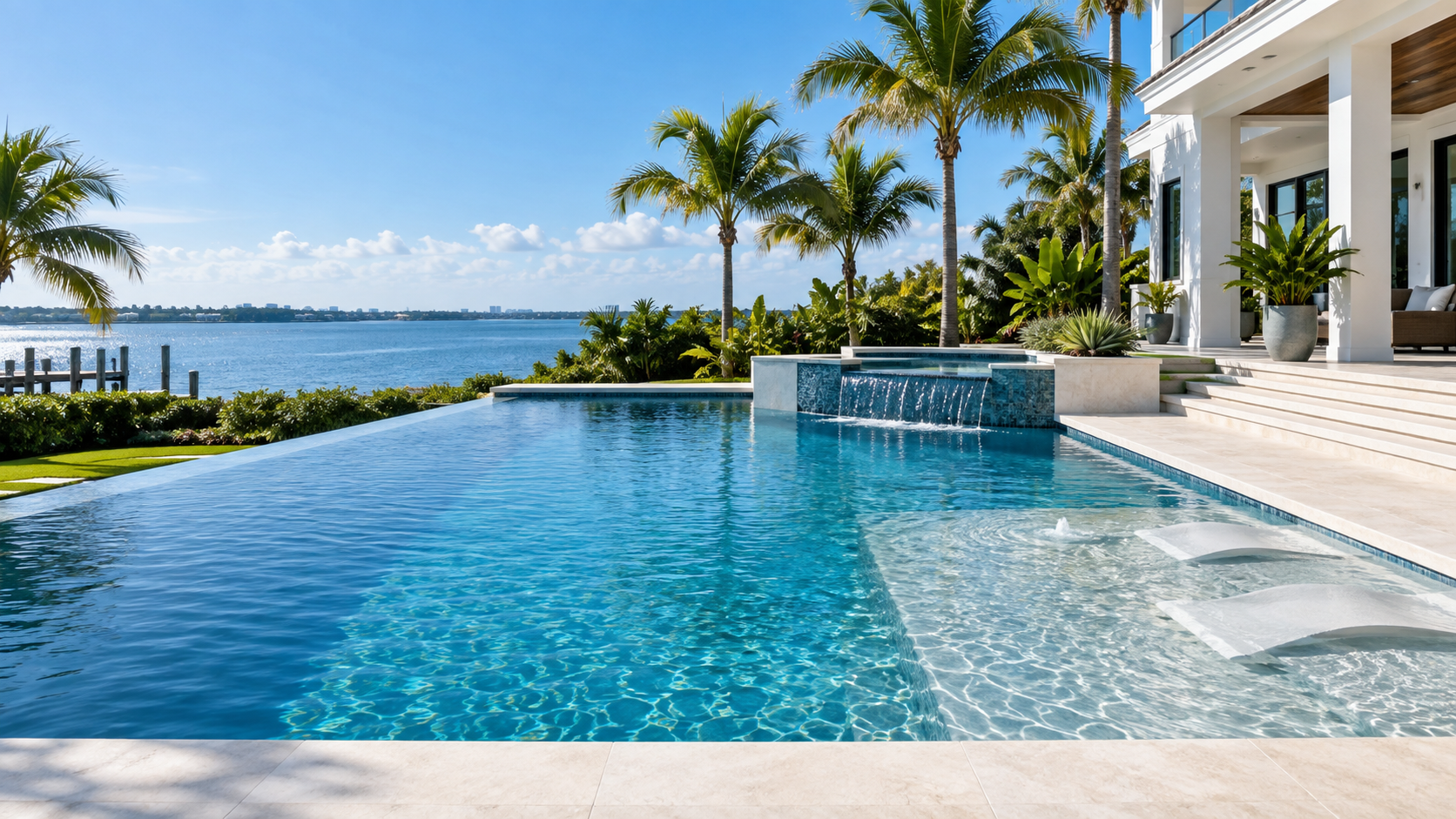 Conceptual illustration of a custom swimming pool and coastal residential outdoor space.