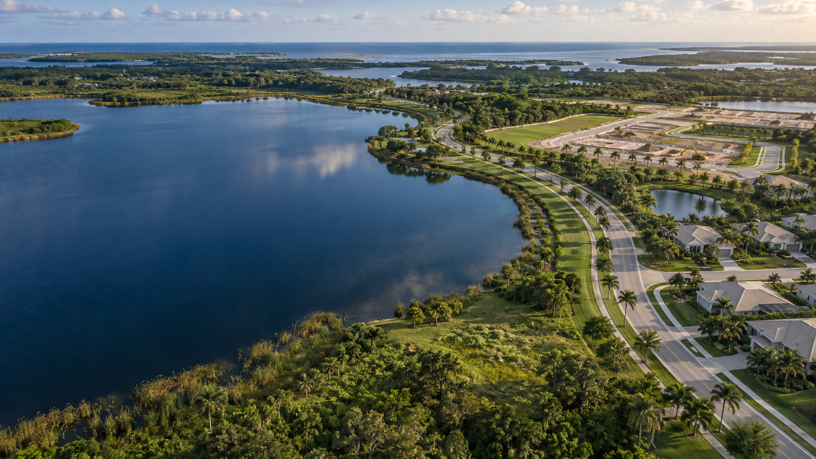 Conceptual aerial illustration of Florida-style land development, roadway connections, and water features.