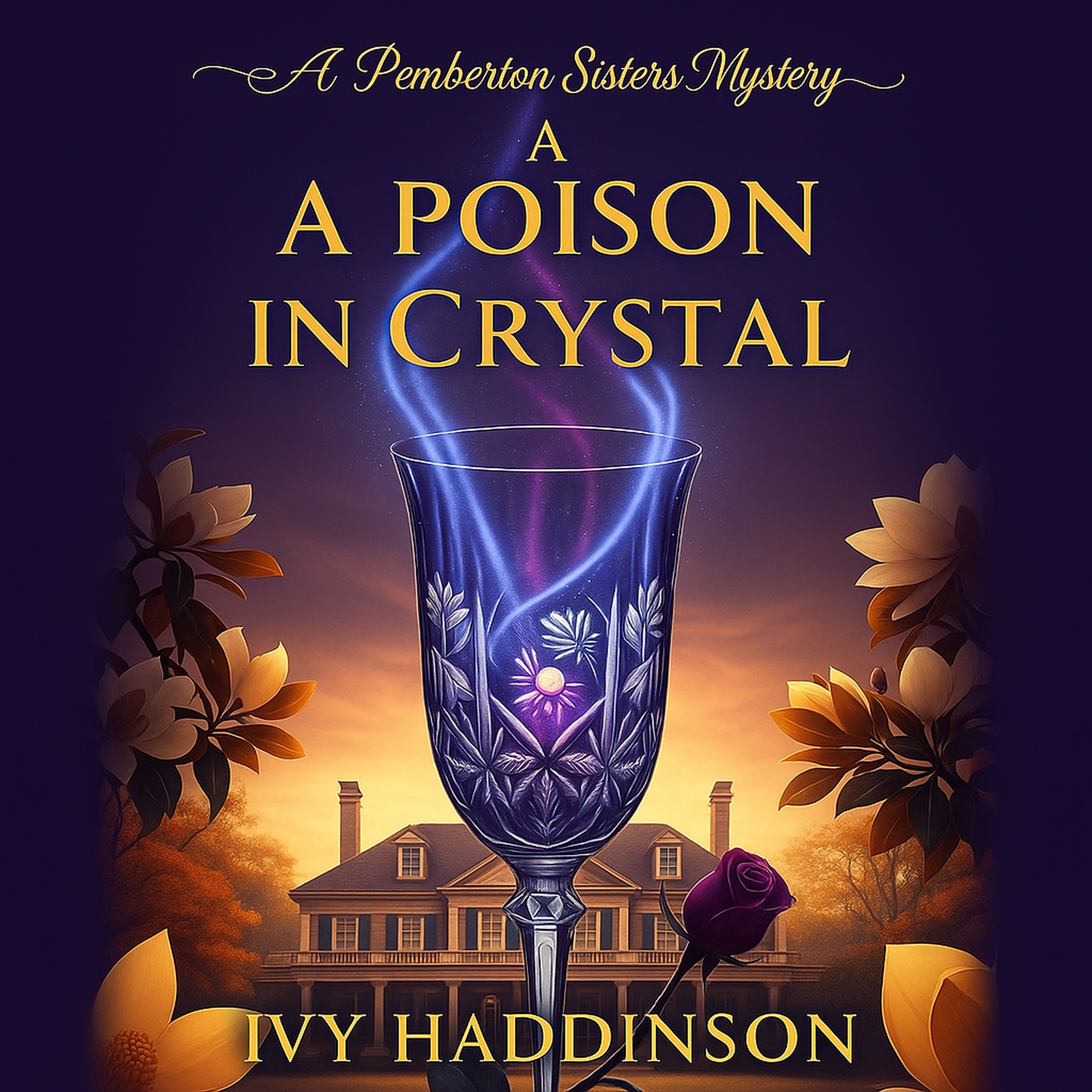Cover art for A Poison in Crystal audiobook. A purple crystal glass has a strange potion rising from it.