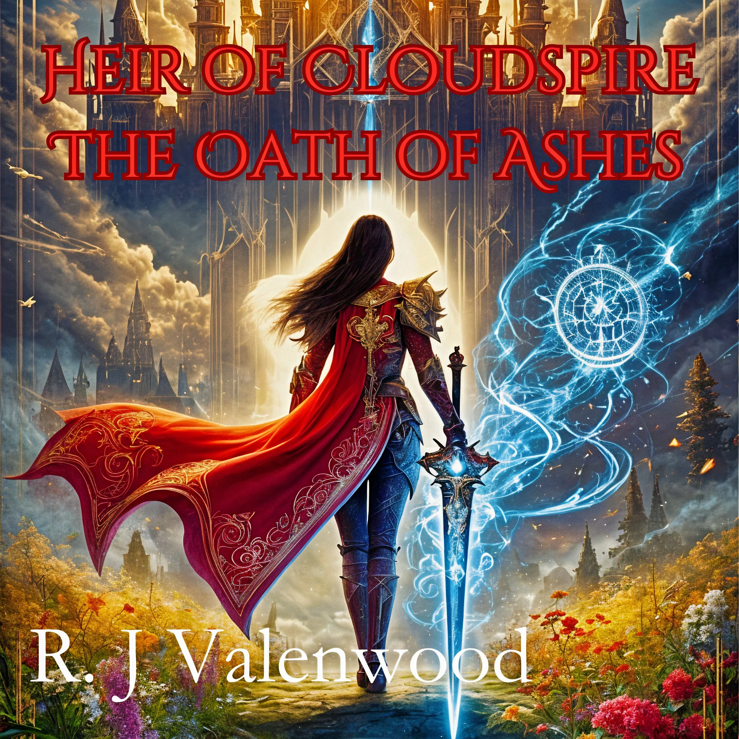 Cover art for The Heir of Cloudspire: The Oath of Ashes audiobook. A woman with a red cape and glowing sword stares at a large castle.