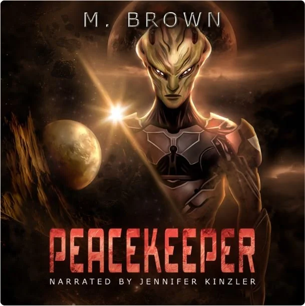 Cover art for the audiobook Peacekeeper. An alien-like woman in gold armor stares out. There is a gold planet in the background.