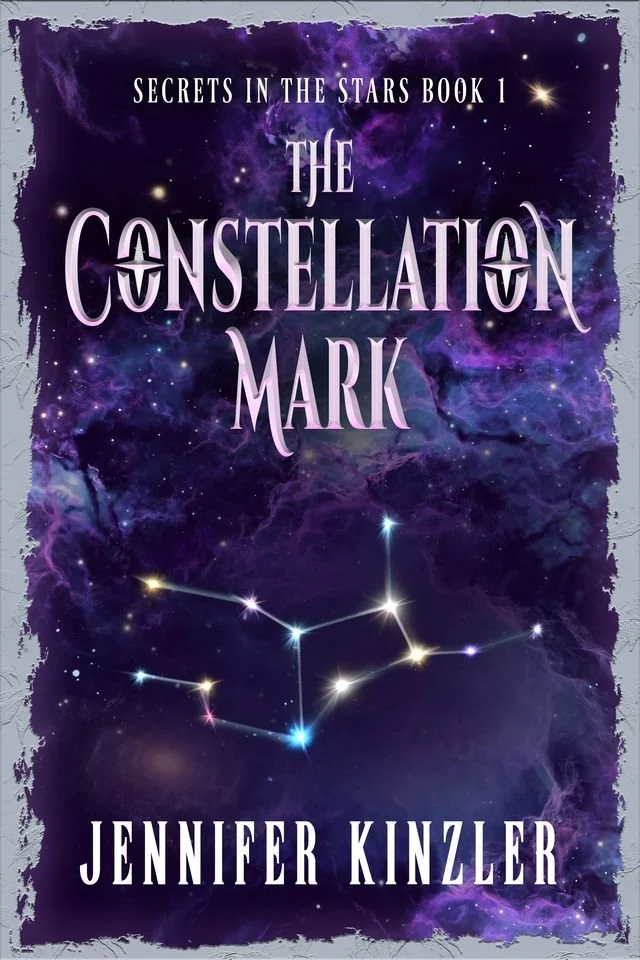 The Constellation Mark: Secrets in the Stars Book 1 by Jennifer Kinzler. Cover art by Lordan June Pinote. The cover features the constellation Virgo with twinkling stars on a background of swirling purple nebulas.