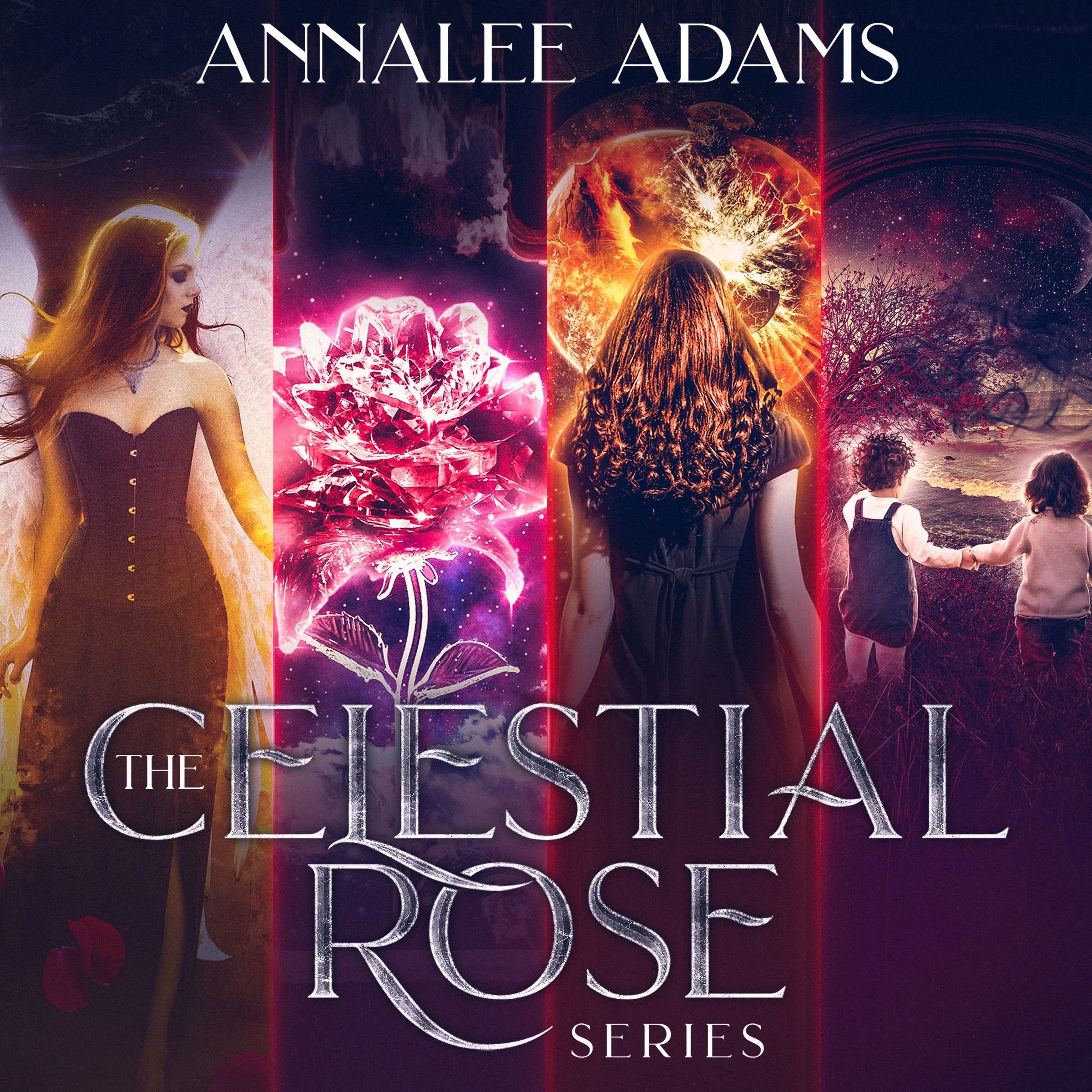 Cover art for the Celestial Rose  audiobook series. A girl with wings, a rose, a woman looking at a flame, and two children grace the cover.