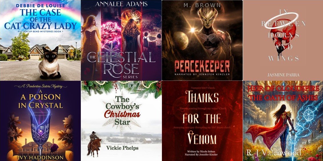 Eight audiobook covers are lined up with four on top and four on the bottom. Genres include cozy mystery, science fiction, and dark fantasy.