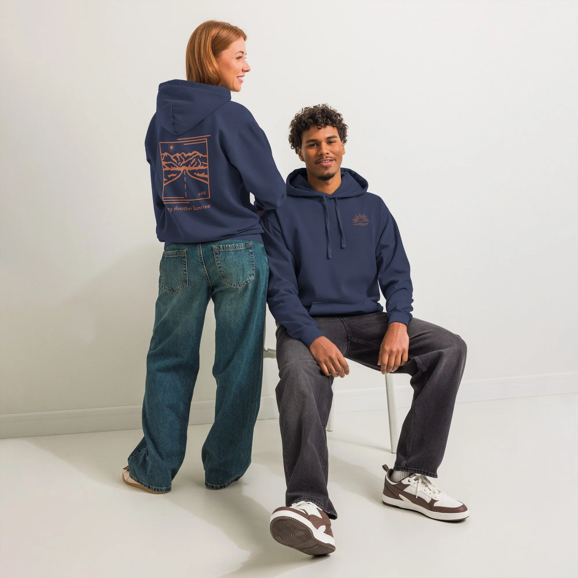 Stay Another Sunrise Suicide Awareness Hoodie – Coral Orange with 988 Support Detail