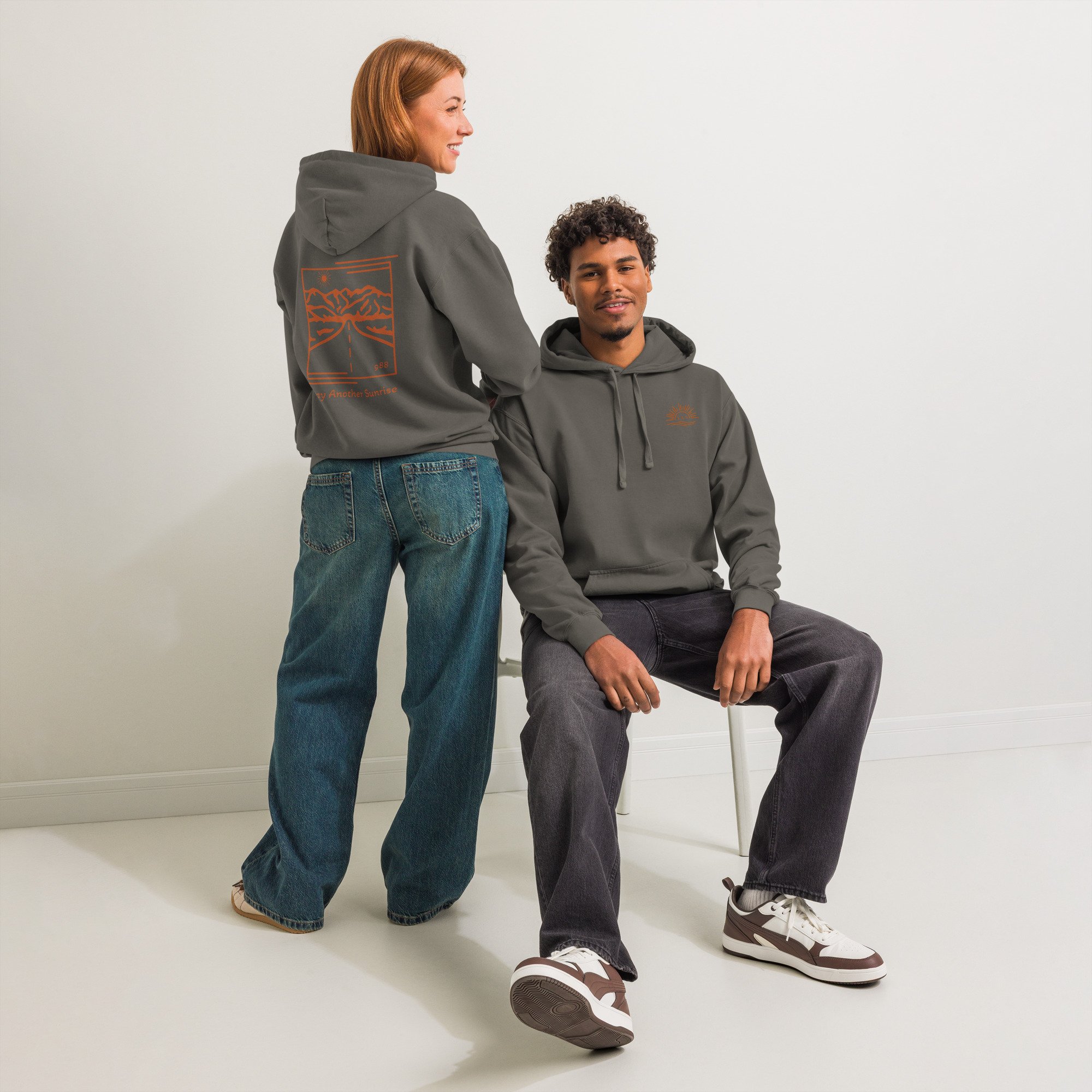 Stay Another Sunrise Suicide Awareness Hoodie – Coral Orange with 988 Support Detail