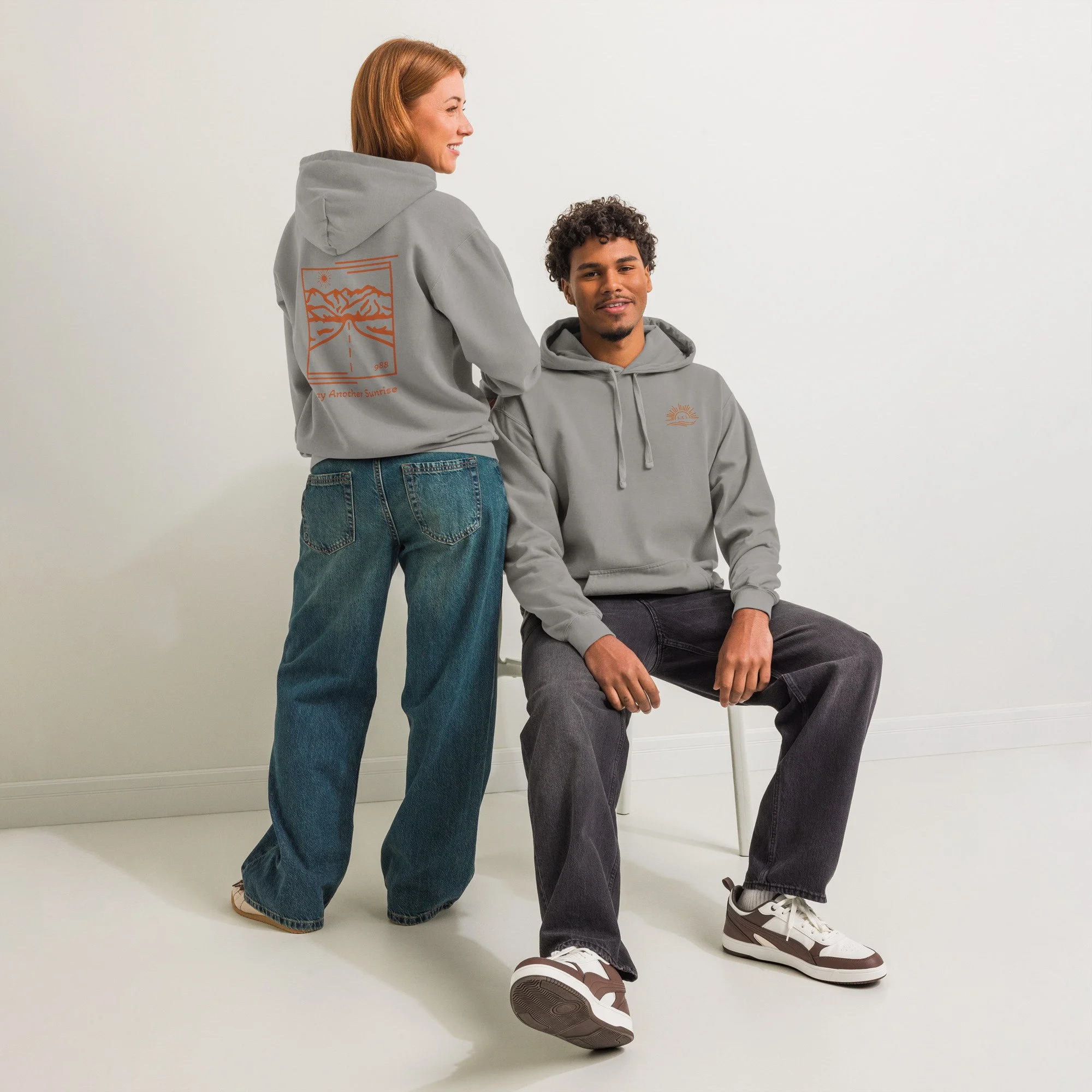 Stay Another Sunrise Suicide Awareness Hoodie – Coral Orange with 988 Support Detail