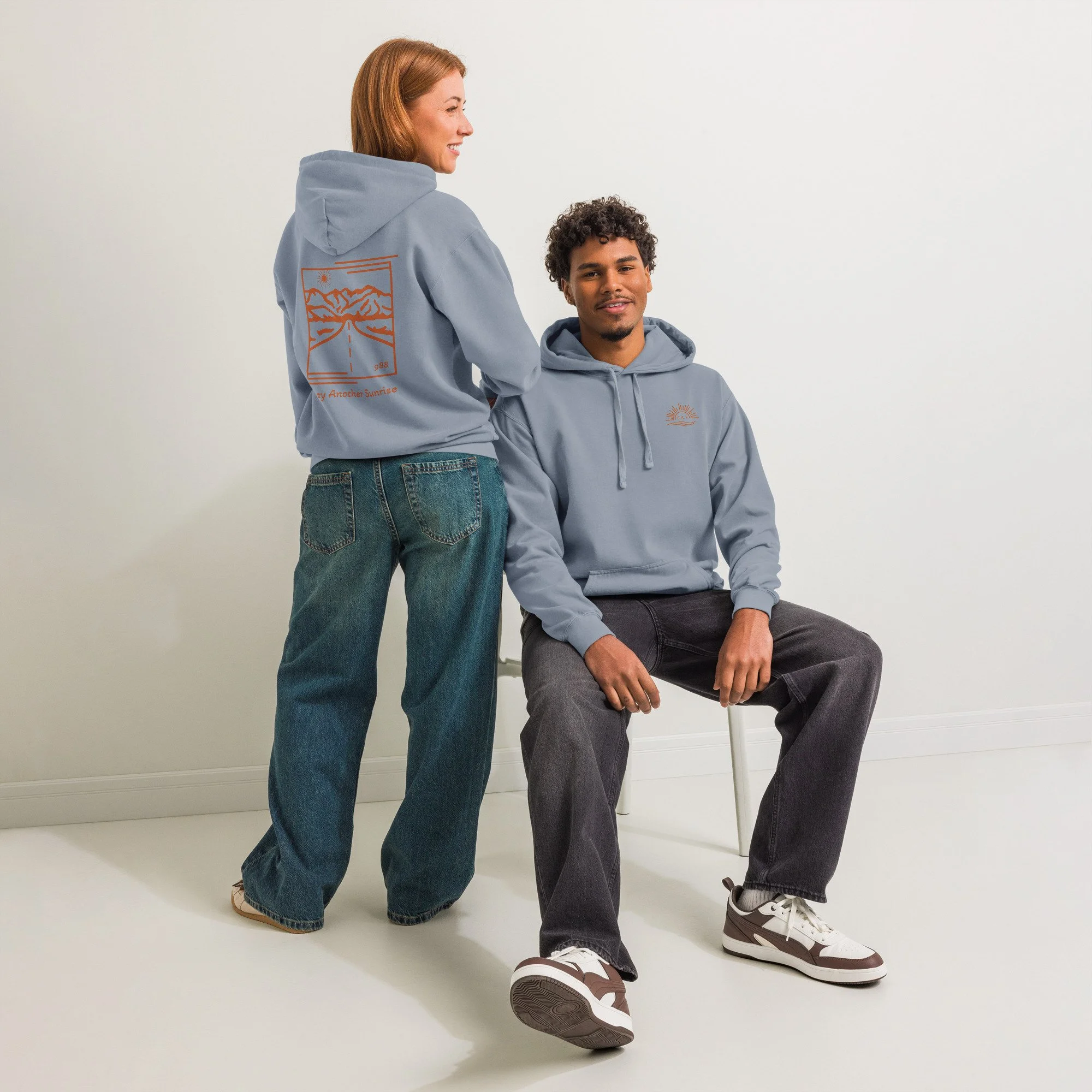 Stay Another Sunrise Suicide Awareness Hoodie – Coral Orange with 988 Support Detail