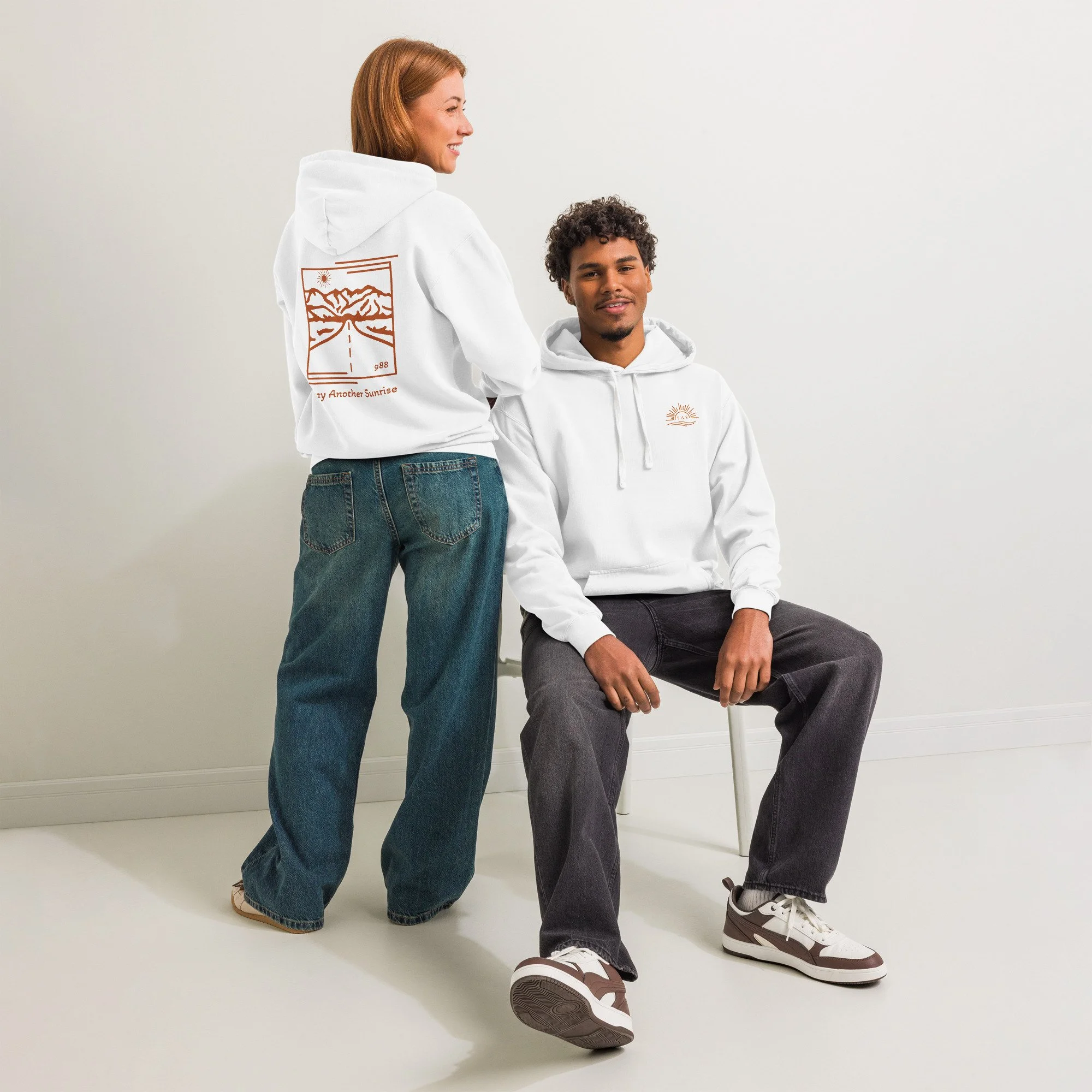 Stay Another Sunrise Suicide Awareness Hoodie – Coral Orange with 988 Support Detail