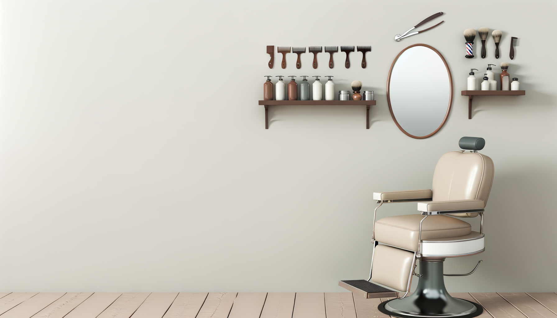 Barber shop with a vintage barber chair, shelves holding hair products and brushes, and a mirror on a plain wall.