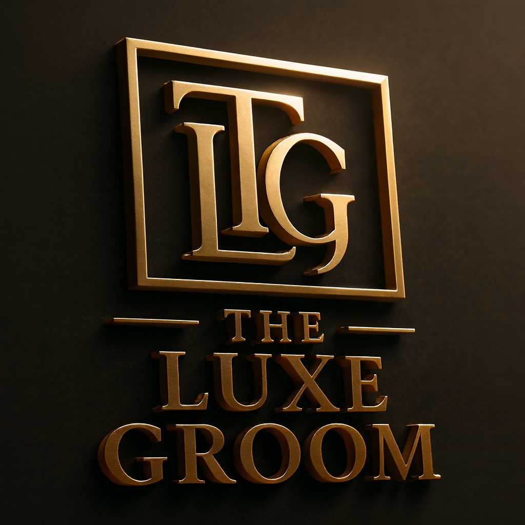 Gold 3D logo with the initials "LG" inside a square frame and the words "The Luxe Groom" below, set against a dark background.