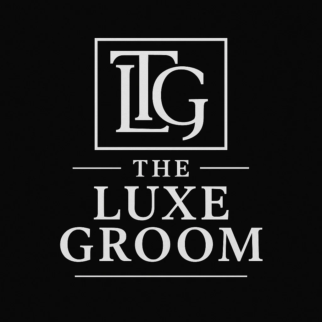 Black background with silver and white logo that reads 'The Luxe Groom' with a stylized monogram 'TLG' at the top.