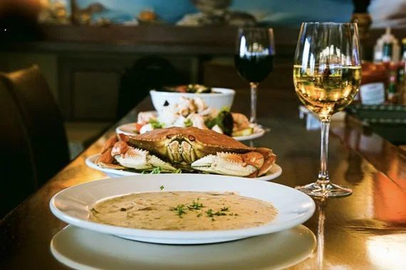 Dungeness crab and clam chowder at Sandbar & Grill, Monterey.