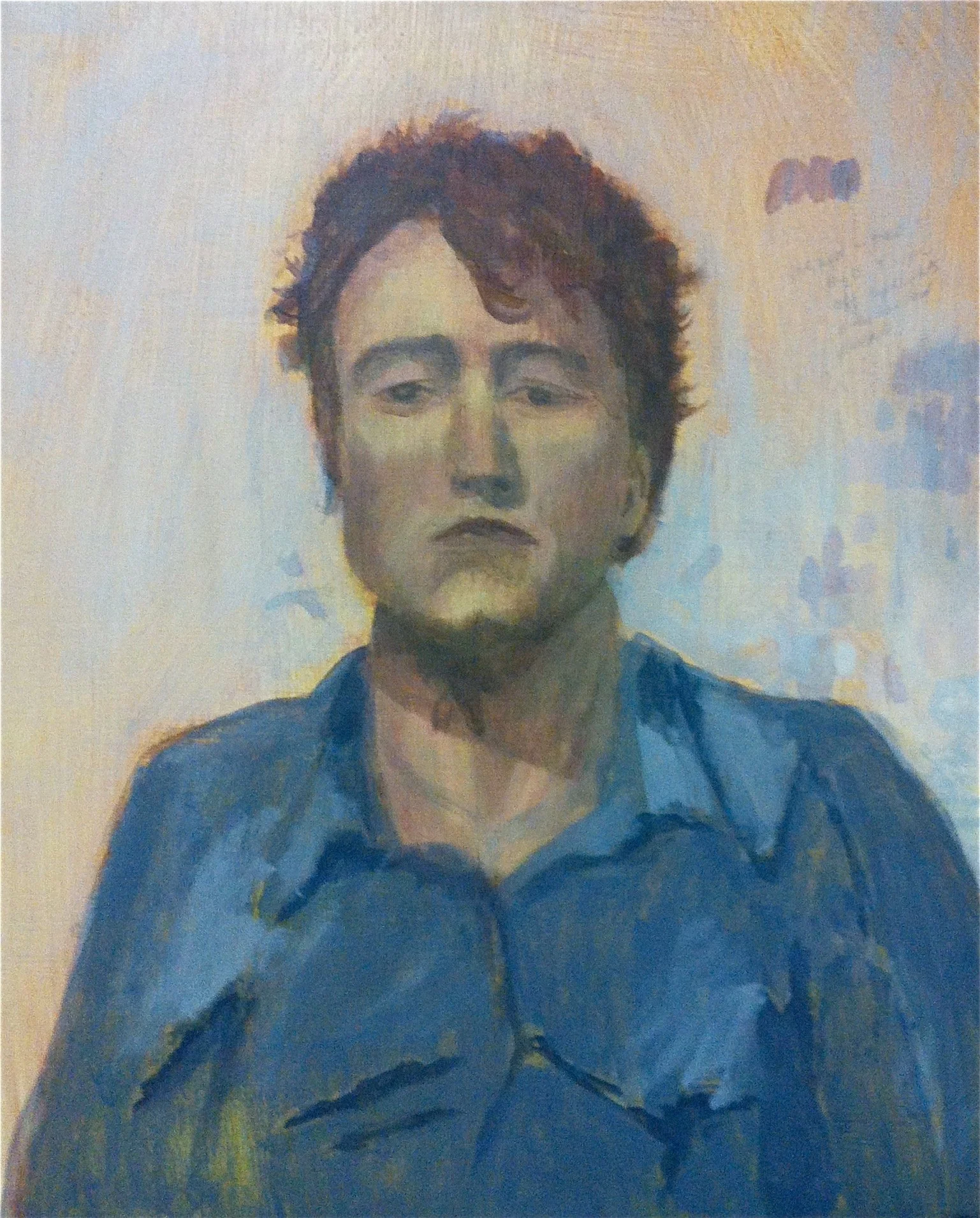 Painting of a person with short dark hair, wearing a blue shirt, with a serious expression.